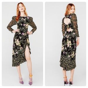 For Love & Lemons Ross Dress Midi Long Sleeves Open Back Black Floral Print XS
